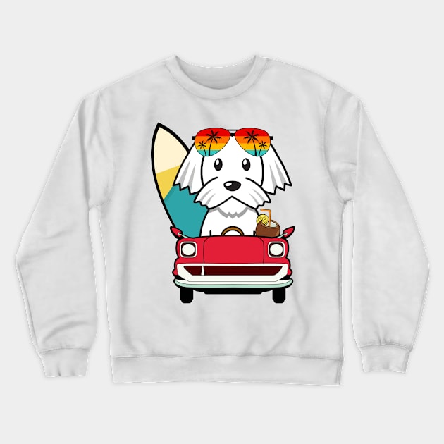 Cute white dog driving to the beach Crewneck Sweatshirt by Pet Station